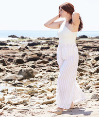 The Silky Luxe Palazzo Pants with Ties - Beach Stripe in Sandshell