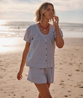 The Seersucker Puff Sleeve Top - Driftwood & White Sand