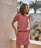The Softest French Terry Puff Short Sleeve Top - Faded Rose Floral Stitch