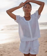 The Seersucker Puff Sleeve Top - White Sand