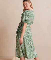The Coastal Poplin Puff-Sleeve Wrap Midi Dress - Dotted Palms in Seagreen & White Sand