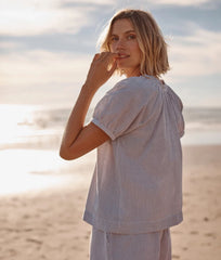 The Seersucker Puff Sleeve Top - Driftwood & White Sand
