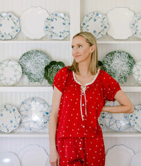 The Silky Luxe Puff Sleeve Button-Front Pajama Set - Love Dots