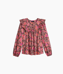The Countryside Poplin Ruffle Blouse - Vineyard Blooms in Pinot