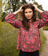 The Countryside Poplin Ruffle Blouse - Vineyard Blooms in Pinot