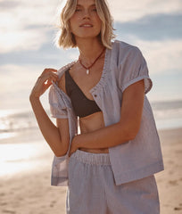 The Seersucker Puff Sleeve Top - Driftwood & White Sand