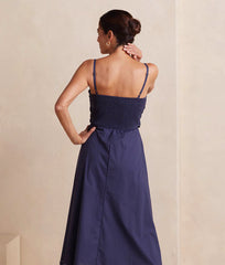 The Coastal Poplin Tie-Waist Midi Dress - Midnight