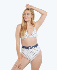 The Lace-Up High Leg High Rise Bikini Bottom - Square Dot in White Sand & Deep Sea