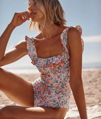 The Long Torso Ruffle Seaway Square Neck One-Piece - Bouquet Parade
