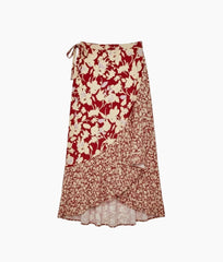 The Silky Luxe Beach to Brunch Wrap Skirt - Contrast Floral in Heirloom Red