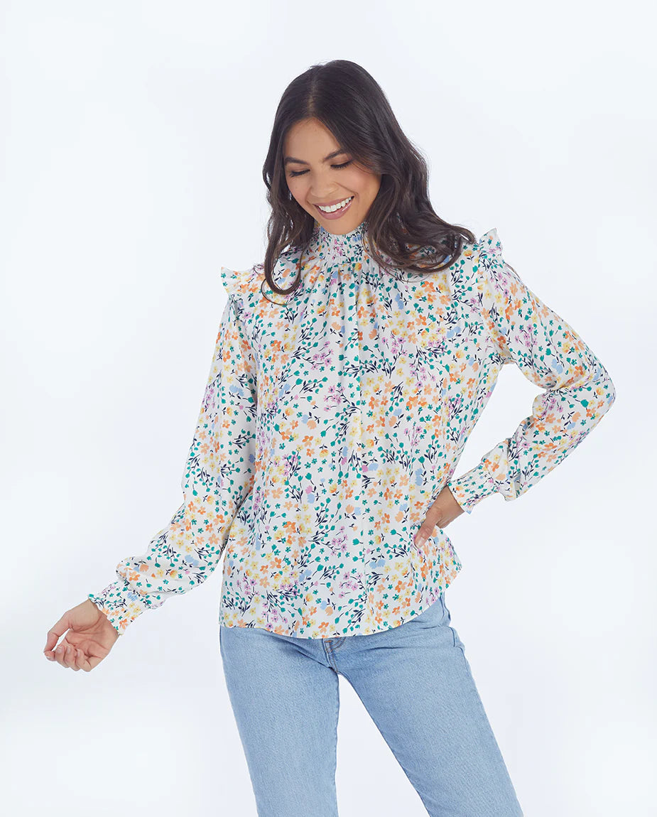 The Silky Mock Neck Blouse - Wildflower Fields in Sunshine & Coral